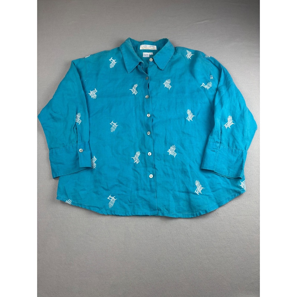 Casey Coleman 100% Linen Embroidered Blouse Blue Adirondack Chair Top Size XL